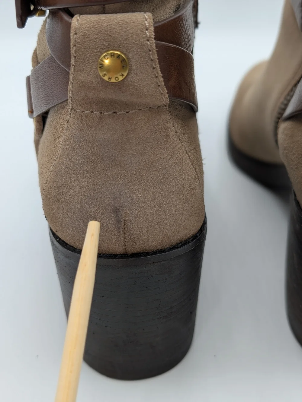 Michael Kors Women 8 Taupe Suede Ankle Boots Brown Leather Straps Block Heel